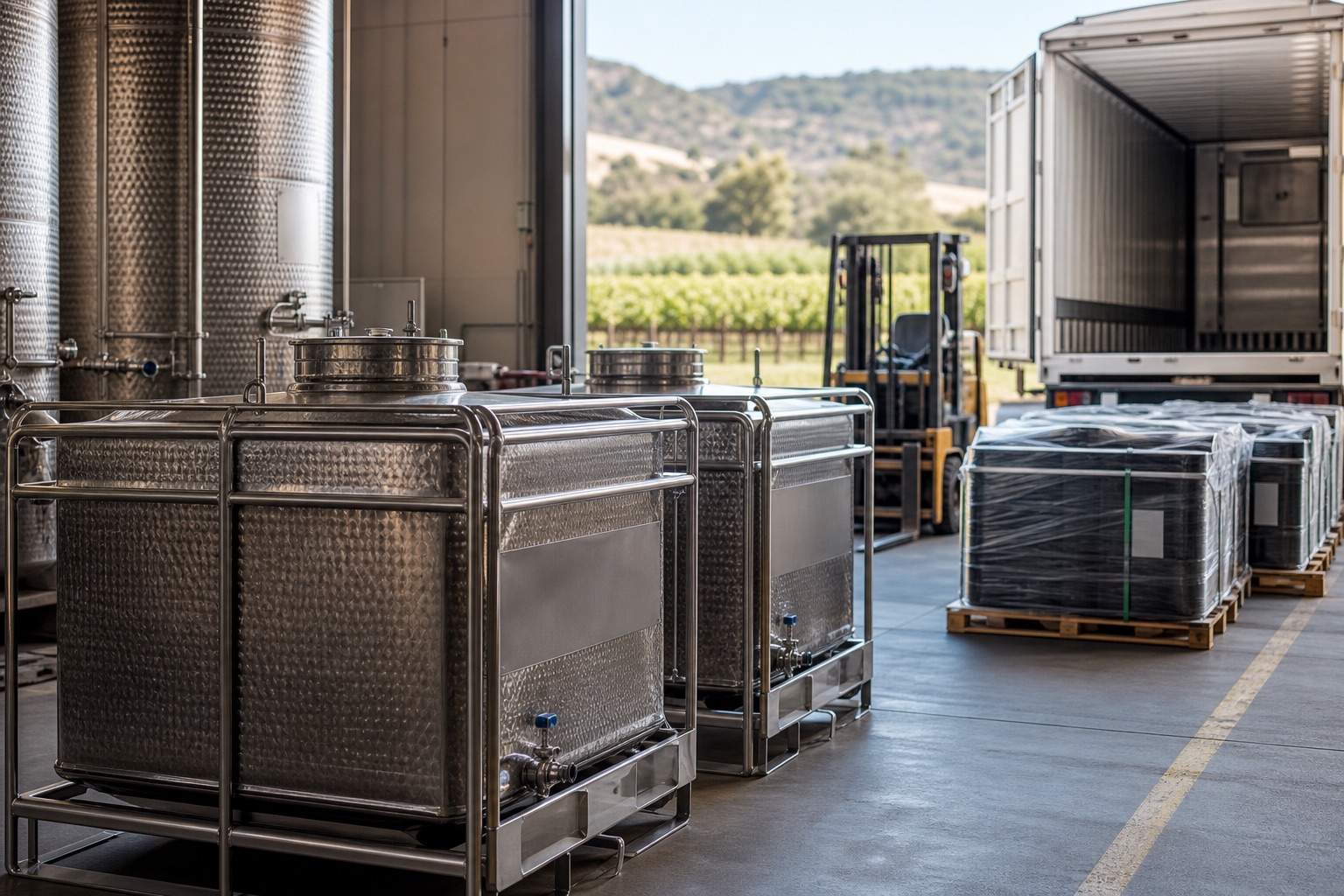 Stainless bulk wine totes staged for shipment