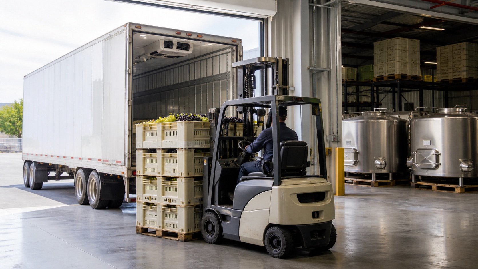 Grape lugs being loaded into a refrigerated trailer at a wine warehouse