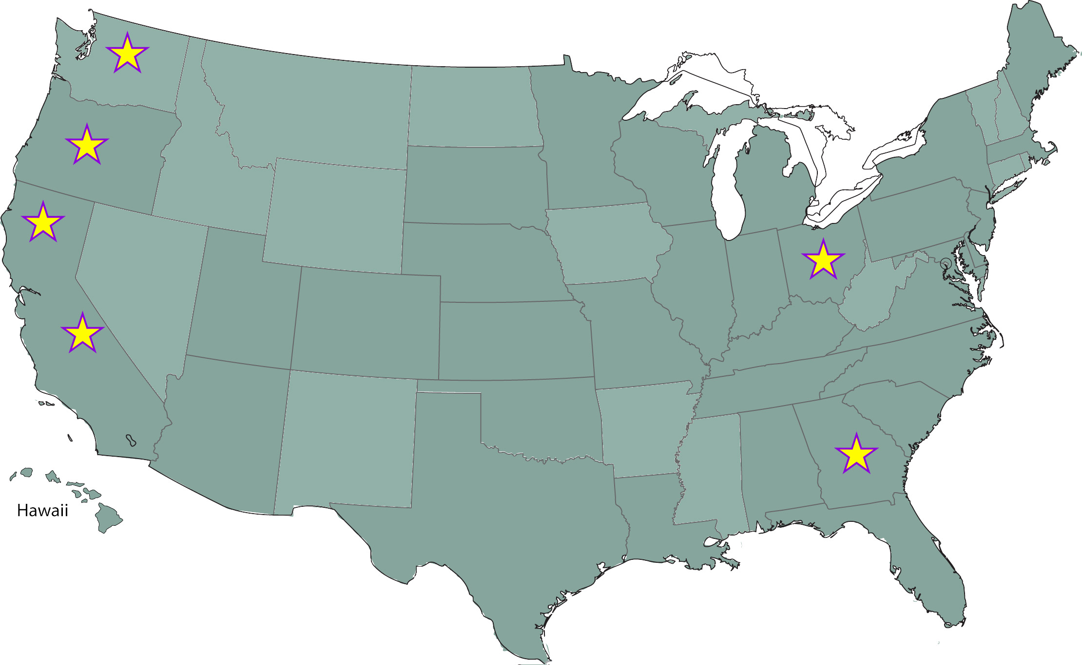 Map of the continental US and Hawaii with NCWB warehouse locations marked in Washington, Oregon, California, Ohio, and Georgia