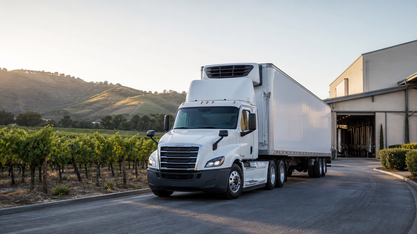 Refrigerated semi truck arriving beside vineyard rows at a winery