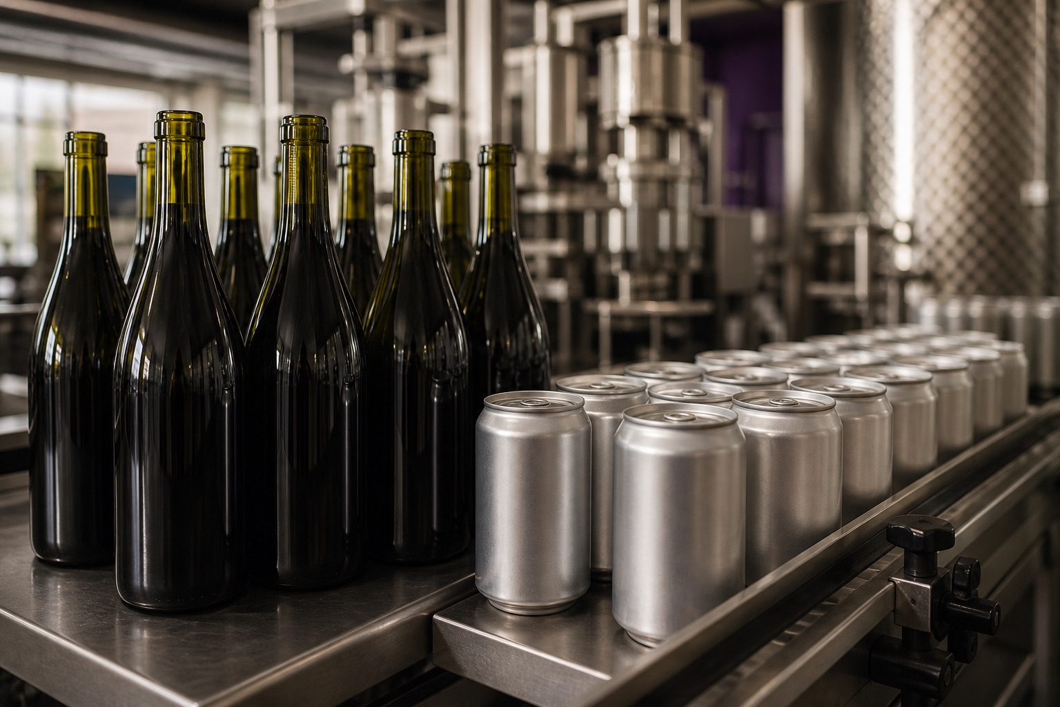 Unlabeled wine bottles and cans staged on a production line